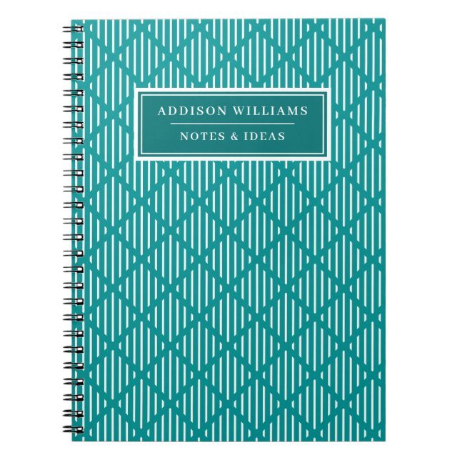 Caderno Espiral Nome no Padrão de Faixa de Diamante de Teal Único  (Frente)