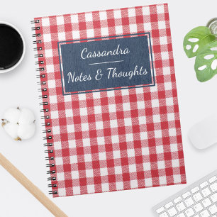 Caderno Espiral Nome no Red & White Gingham Check Blue Denim