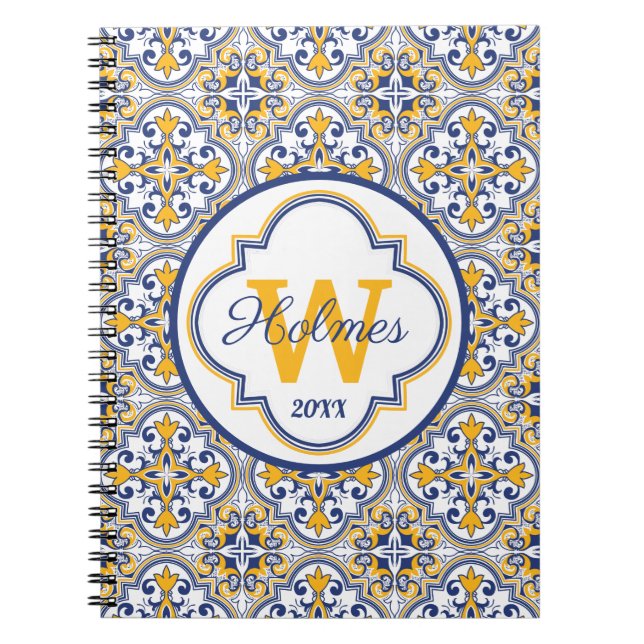 Caderno Espiral 💙 Nome 💛 + Notebook Azulejos inicial (Frente)