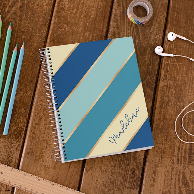 Caderno Espiral Nome Personalizado Amarelo Azul Teal Seafoam Greve (Criador carregado)