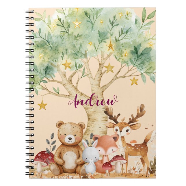 Caderno Espiral Nome Personalizado Animais Florestais Caprichosos (Frente)