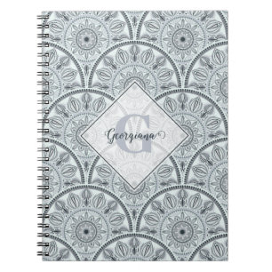 Caderno Espiral Nome Personalizado Art Deco Floral Harmonia Cinza