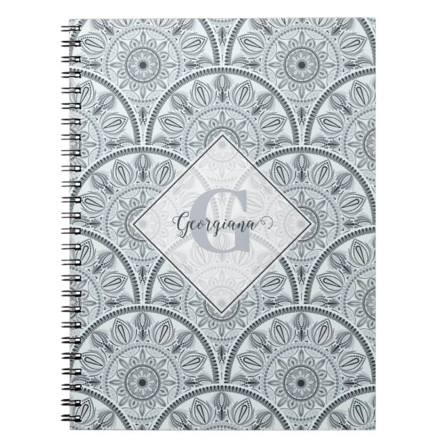Caderno Espiral Nome Personalizado Art Deco Floral Harmonia Cinza  (Frente)