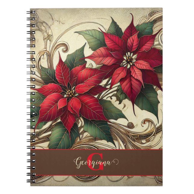 Caderno Espiral Nome Personalizado Art Nouveau Poinsettia de Natal (Frente)