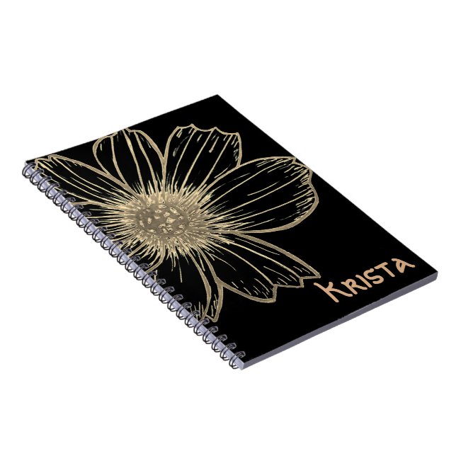 Caderno Espiral Nome Personalizado Bela design Flor Dourada (Lado Direito)