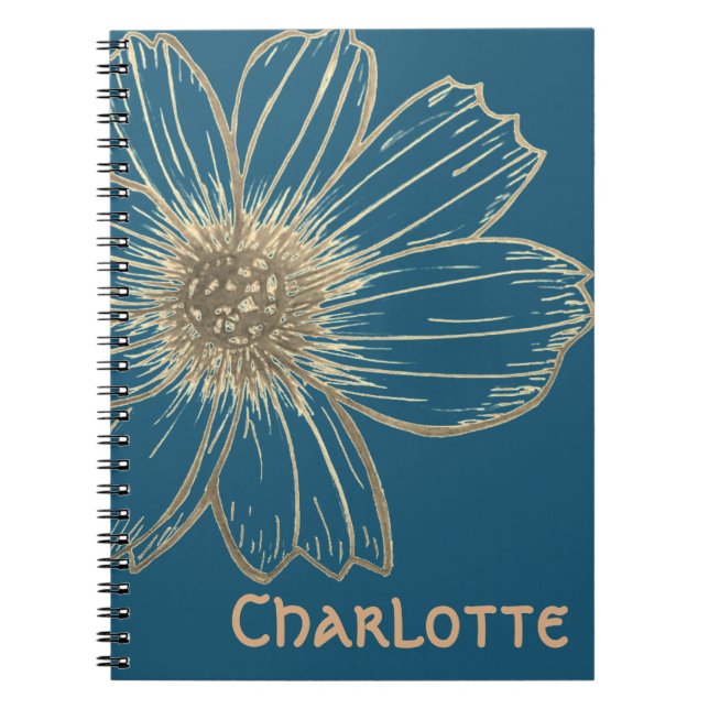 Caderno Espiral Nome Personalizado Bela design Flor Dourada (Frente)