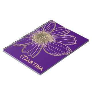 Caderno Espiral Nome Personalizado Bela design Flor Dourada