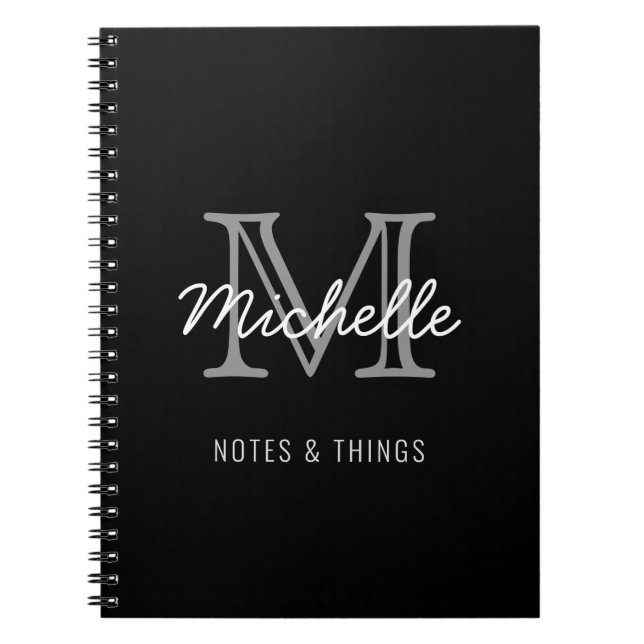 Caderno Espiral Nome Personalizado Branco Preto Moderno Monograma (Frente)