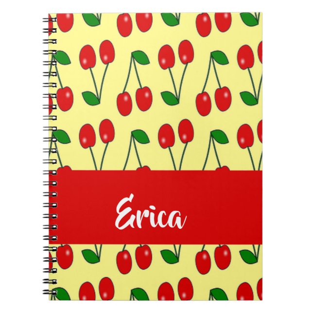 Caderno Espiral Nome personalizado cerejas vermelhas em amarelo (Frente)