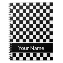 Caderno Espiral Nome personalizado Checkered preto e branco