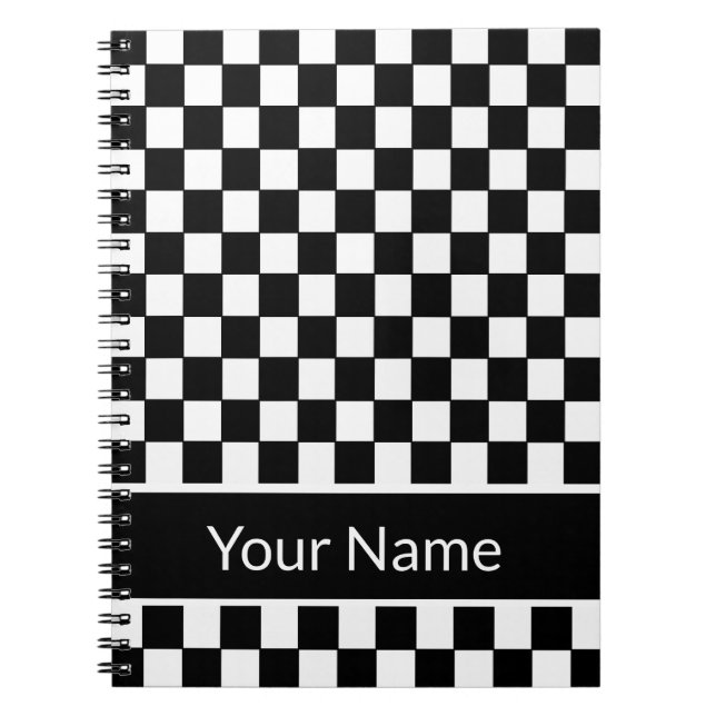 Caderno Espiral Nome personalizado Checkered preto e branco (Frente)