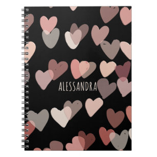 Caderno Espiral Nome personalizado corações bonitos padrão preto c