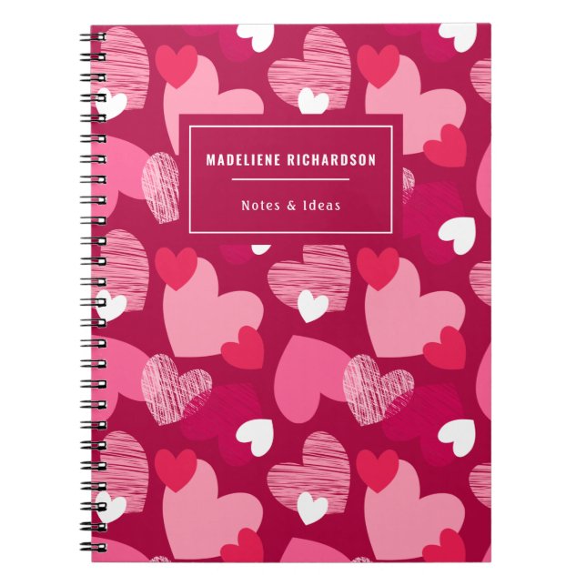 Caderno Espiral Nome Personalizado Corações Cutes Padrão Magenta E (Frente)