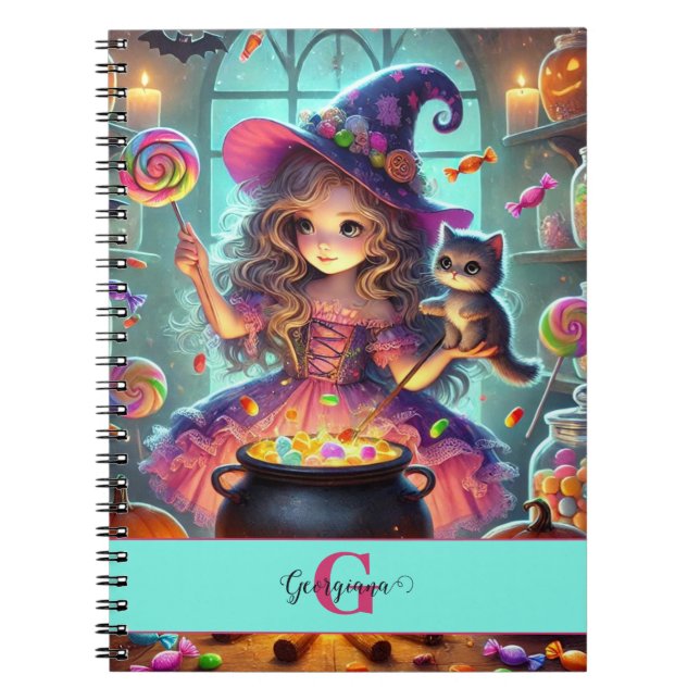 Caderno Espiral Nome Personalizado - Cute Whimsical Witch Hallowee (Frente)