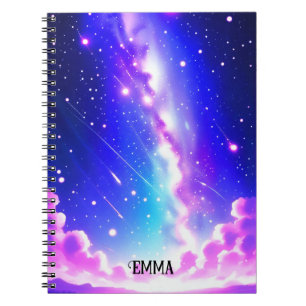 Caderno Espiral Nome Personalizado da Galáxia Azul Celestial e Ros