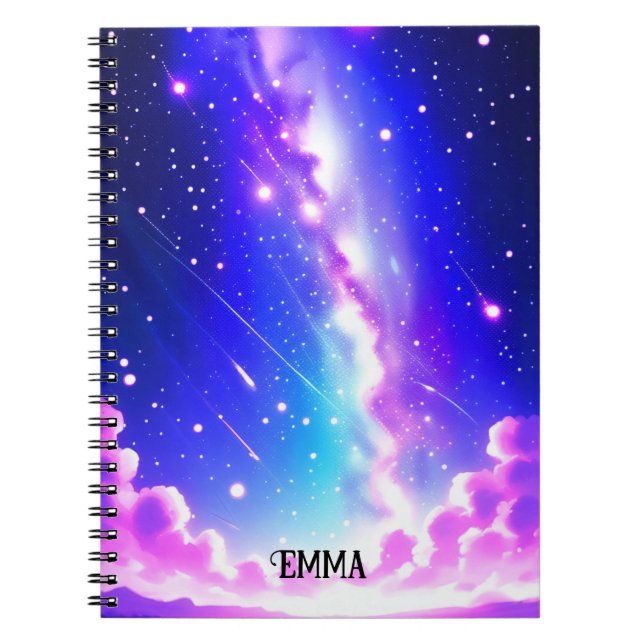 Caderno Espiral Nome Personalizado da Galáxia Azul Celestial e Ros (Frente)