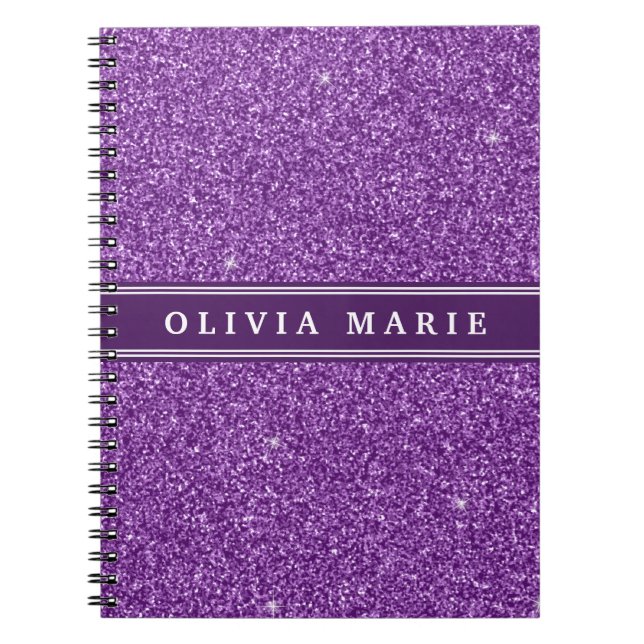 Caderno Espiral Nome Personalizado da Glitter Roxo (faux) (Frente)