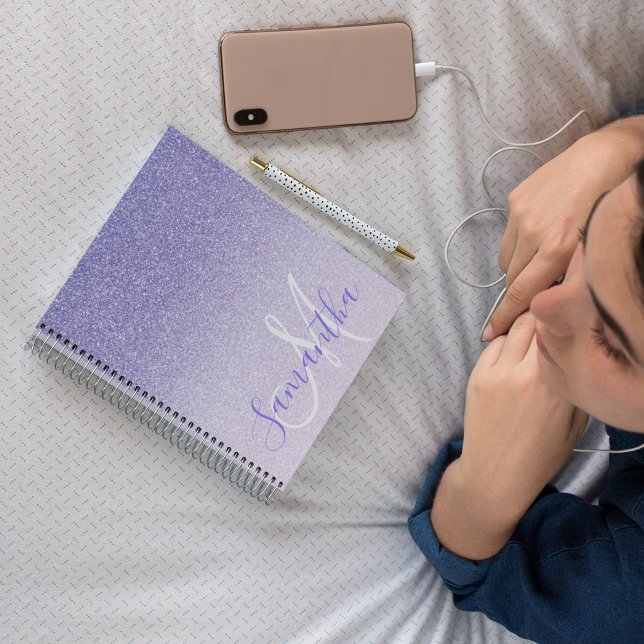 Caderno Espiral Nome Personalizado da Glitter Roxo Moderno (Criador carregado)