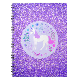 Caderno Espiral Nome Personalizado da Glitter Roxo Unicórn