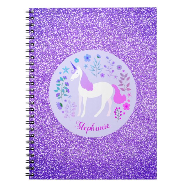Caderno Espiral Nome Personalizado da Glitter Roxo Unicórn (Frente)