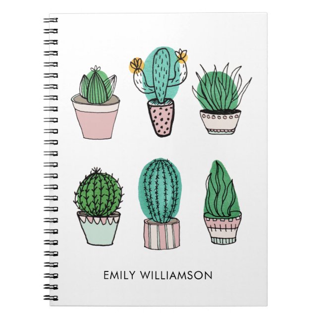 Caderno Espiral Nome personalizado da ilustração Cactos succulents (Frente)