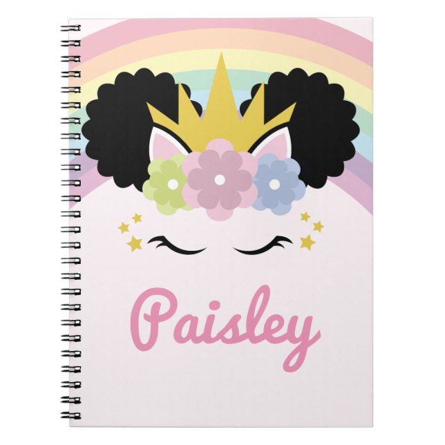 Caderno Espiral Nome Personalizado de Cabelo Curvo do Unicorn Afro (Frente)