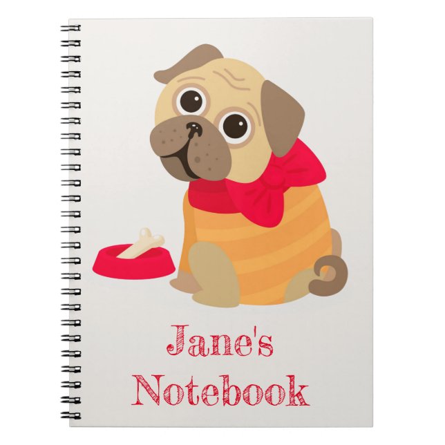 Caderno Espiral Nome personalizado de cão fofo Pug (Frente)