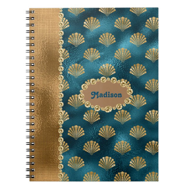 Caderno Espiral Nome Personalizado de Conchas Metálicas Douradas E (Frente)