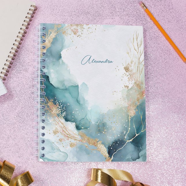 Caderno Espiral Nome Personalizado de Cor de Água Dourada de Teal  (Criador carregado)