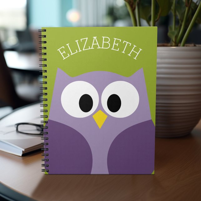Caderno Espiral Nome Personalizado de Coruja de Cartoon Cute Roxo  (Personalized notebook - add name and custom text)