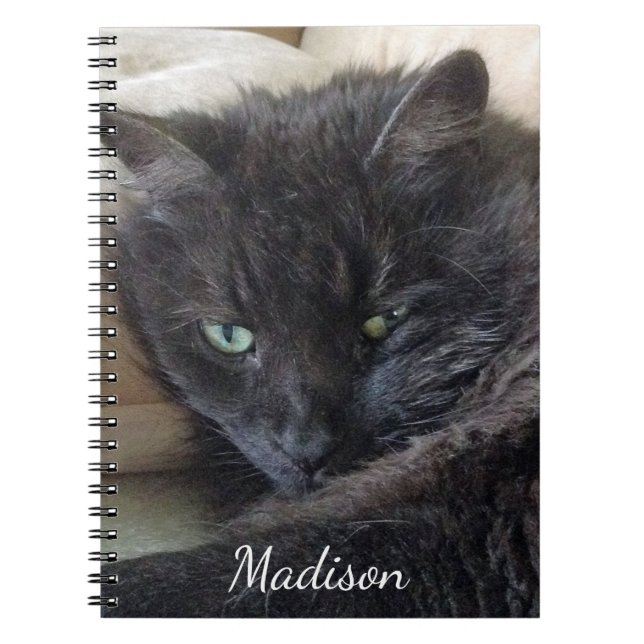 Caderno Espiral Nome Personalizado de Foto de Gato Preto e Bonito (Frente)