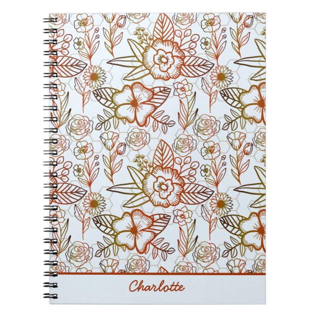 Caderno Espiral Nome personalizado de laranja uniforme floral (Frente)