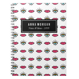 Caderno Espiral Nome Personalizado de Olhos e Lábios de Kitschy