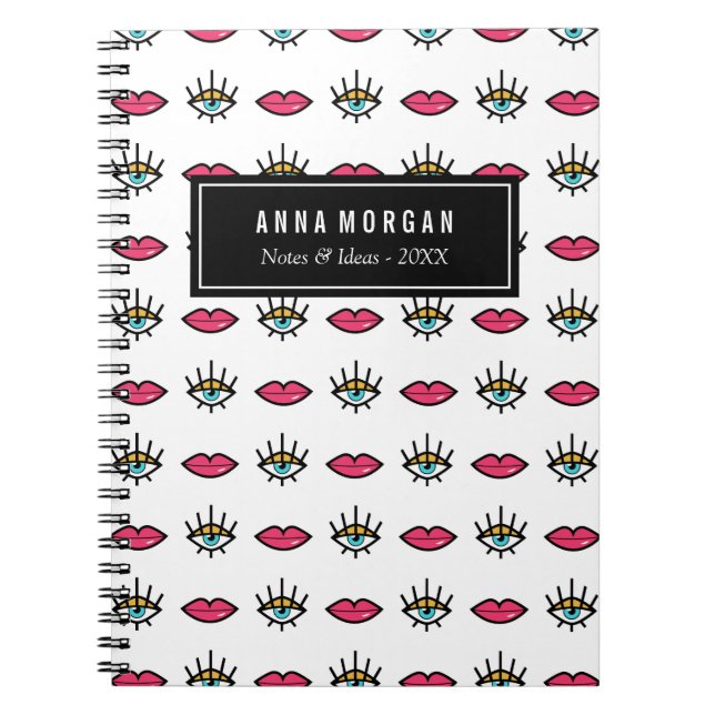 Caderno Espiral Nome Personalizado de Olhos e Lábios de Kitschy (Frente)