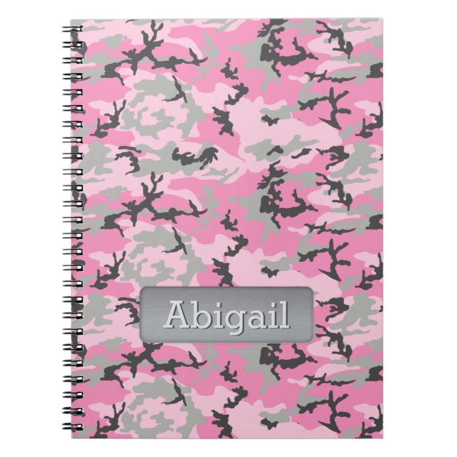 Caderno Espiral Nome Personalizado de Padrão de Camo Rosa (Frente)