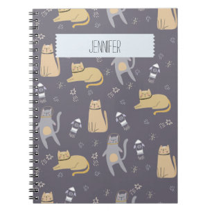 Caderno Espiral Nome Personalizado de Padrão Sem Percepção de Gato