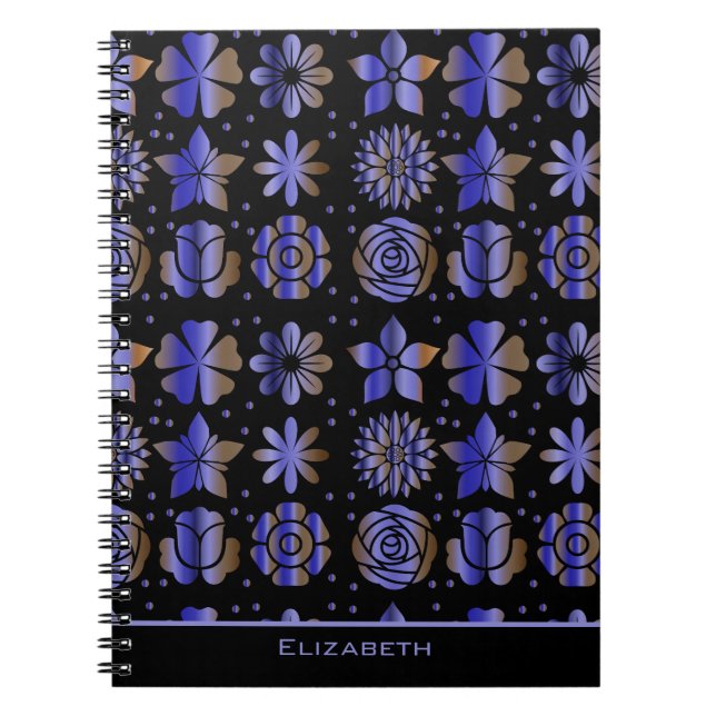 Caderno Espiral Nome personalizado de padrão uniforme floral azul (Frente)