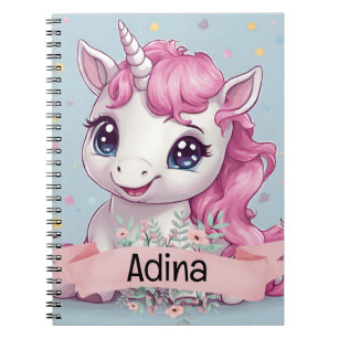 Caderno Espiral Nome Personalizado do Baby Unicorn Stars Rosa Mági