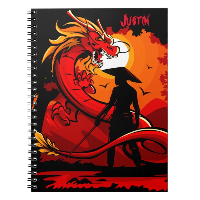 Caderno Espiral Nome Personalizado do Dragão Vermelho Chinês (Frente)