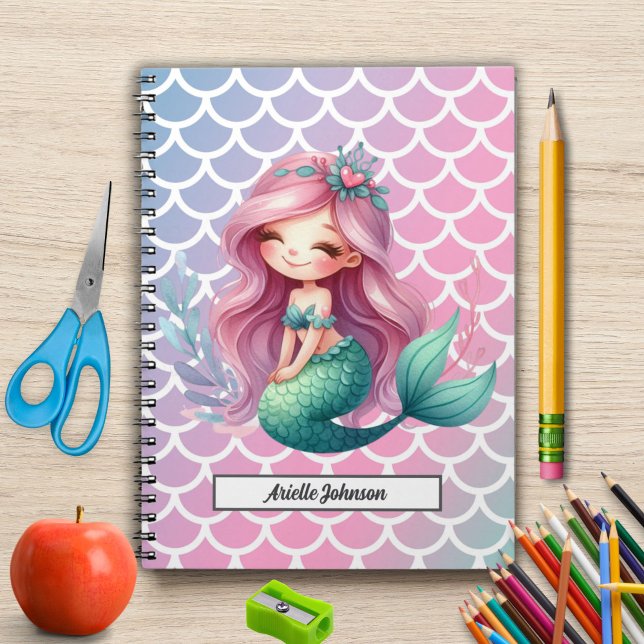Caderno Espiral Nome personalizado do padrão de Mermaid (Criador carregado)