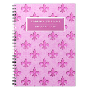 Caderno Espiral Nome Personalizado do Padrão Fleur De Lis Rosa