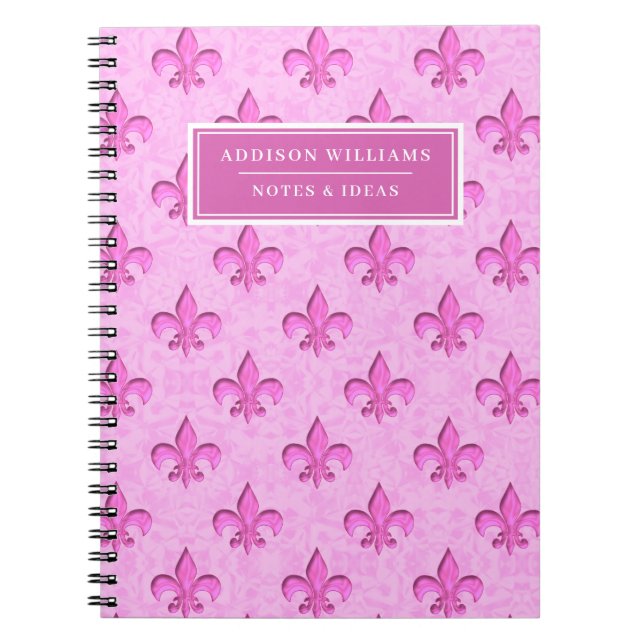 Caderno Espiral Nome Personalizado do Padrão Fleur De Lis Rosa (Frente)