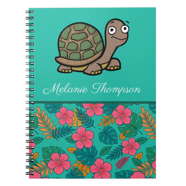 Caderno Espiral Nome Personalizado do Padrão Floral Funny Tortoise (Frente)