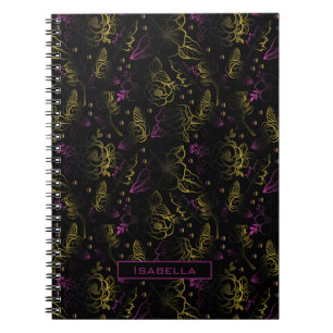Caderno Espiral Nome personalizado do padrão floral roxo Dourado