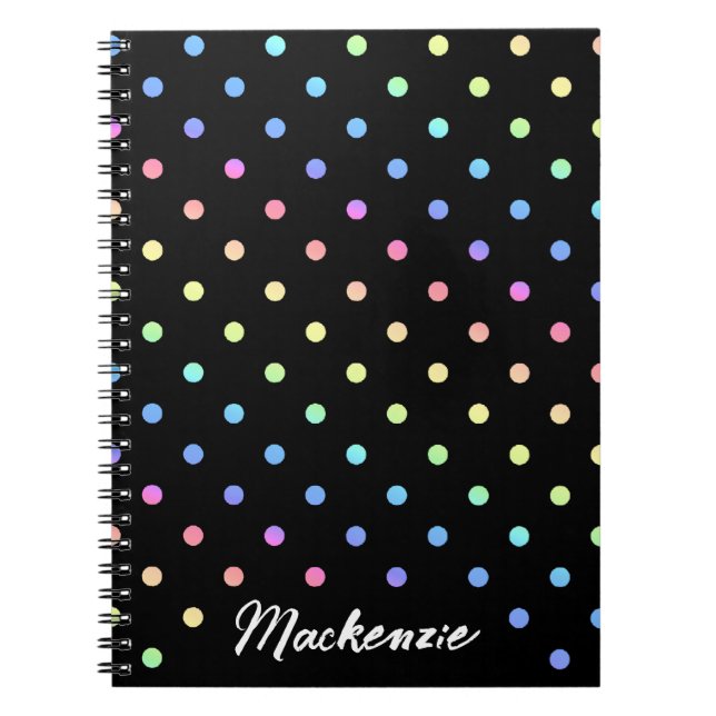 Caderno Espiral Nome Personalizado do Rainbow Bolinhas em Preto (Frente)