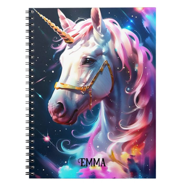 Caderno Espiral Nome Personalizado do Rainbow Unicorn Head (Frente)