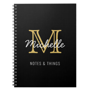Caderno Espiral Nome Personalizado Dourado Preto Moderno Monograma