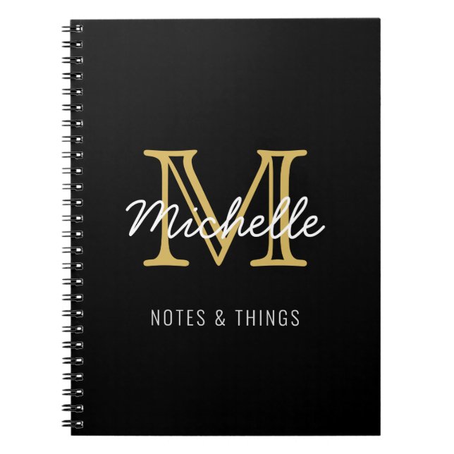 Caderno Espiral Nome Personalizado Dourado Preto Moderno Monograma (Frente)