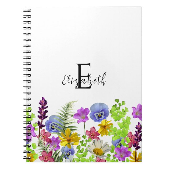 Caderno Espiral Nome Personalizado e Monograma de Flores Selvagens (Frente)