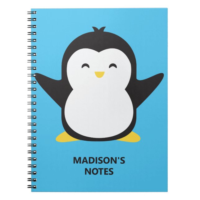 Caderno Espiral Nome personalizado e pinguim de cor (Frente)